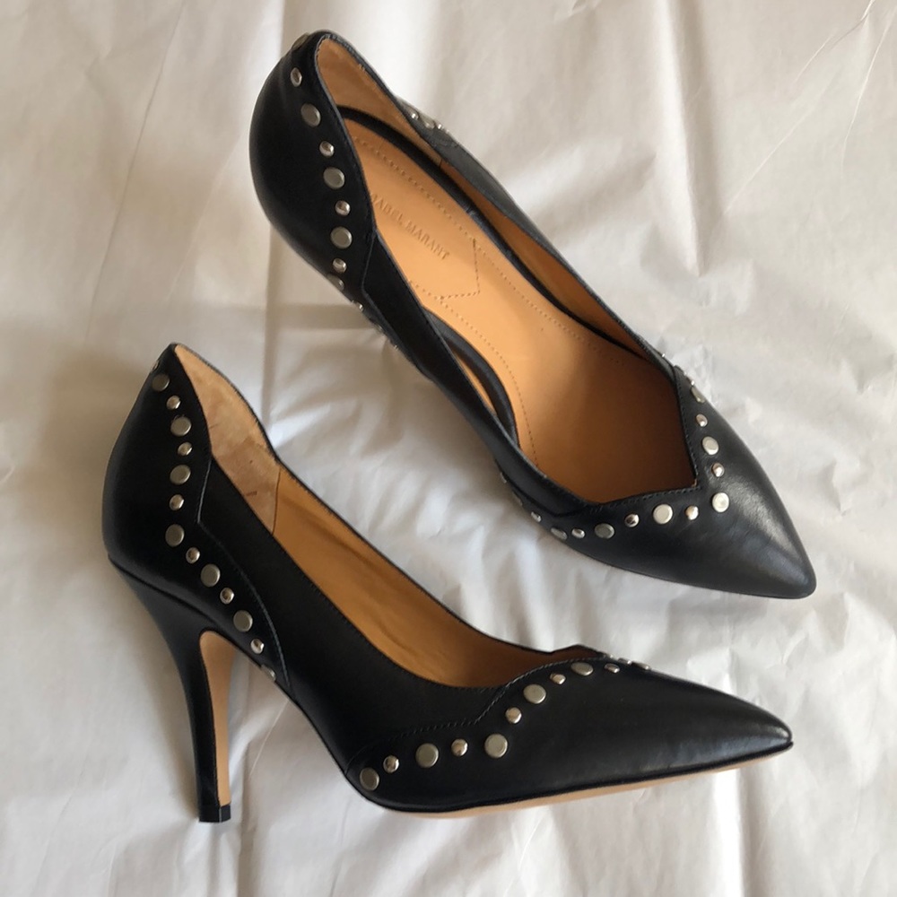 Isabel Marant Black Leather Studded Heels, Size 38 (US Size 8), EUC.